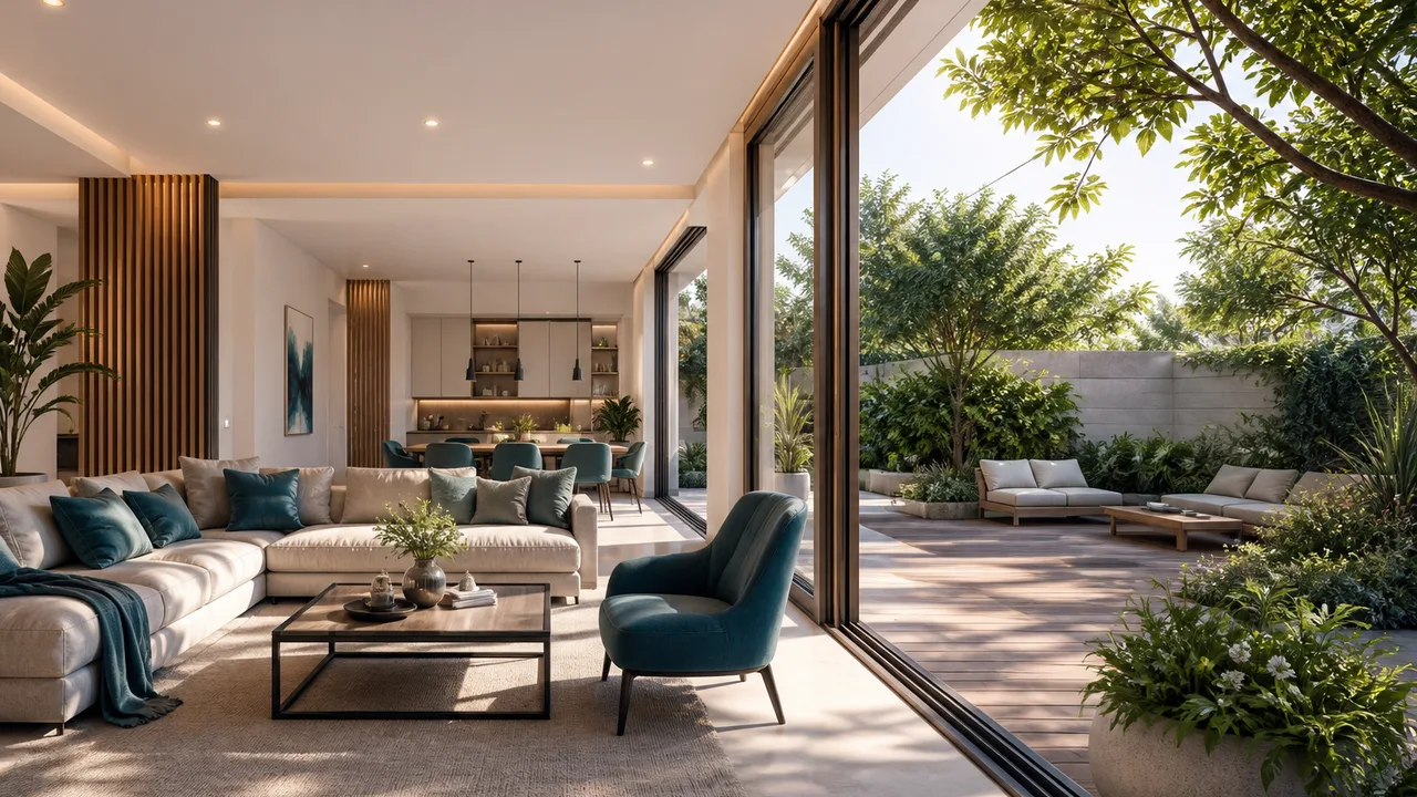 Aménagement intérieur & extérieur — séjour moderne ouvert sur une terrasse paysagée