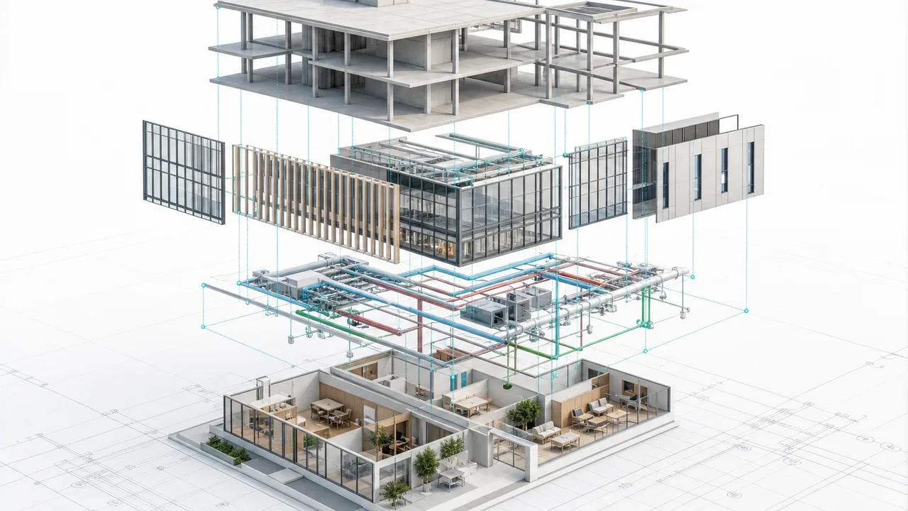 Coordination BIM — vue éclatée des couches structure, façade, réseaux et intérieur