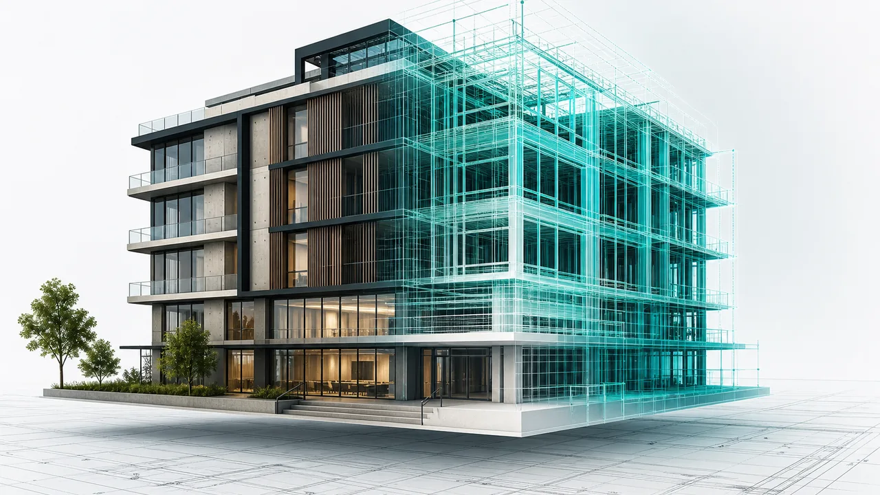 Modélisation BIM — bâtiment moderne en transition vers sa maquette numérique filaire