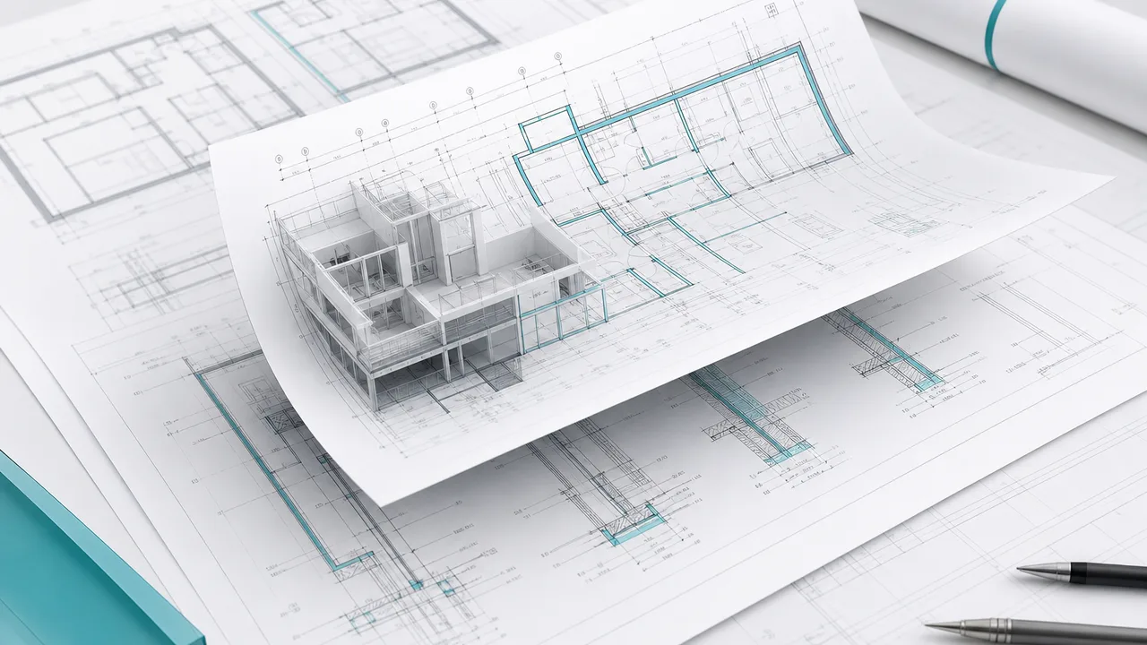 Plans d'exécution — plans techniques détaillés avec maquette 3D émergeant du dessin