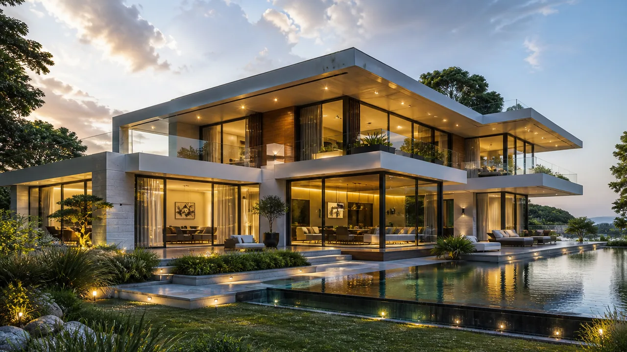 Rendu 3D — villa contemporaine photoréaliste au crépuscule